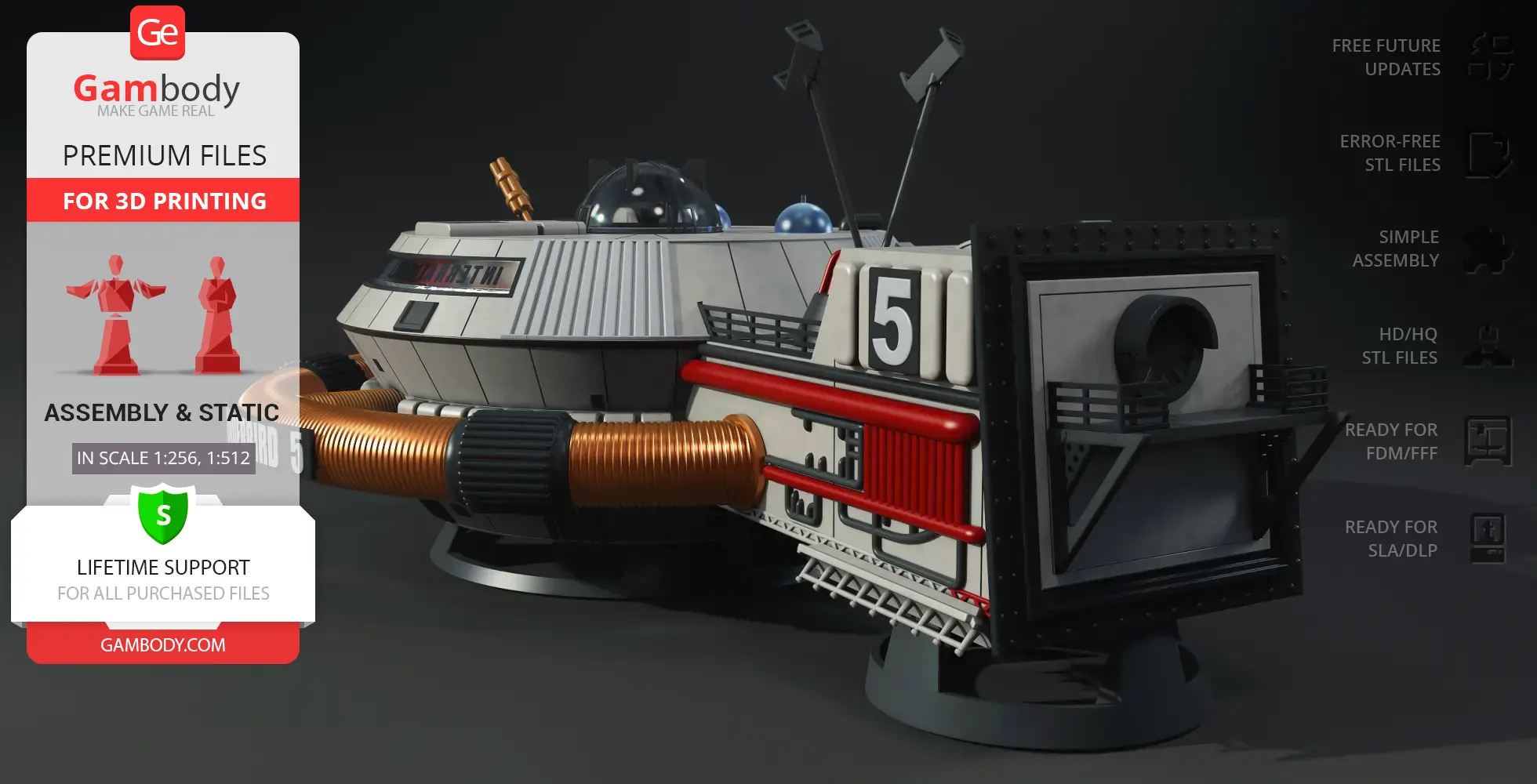 Futuristic space station model with large antennas and detailed exterior, labeled '5' for 3D printing.