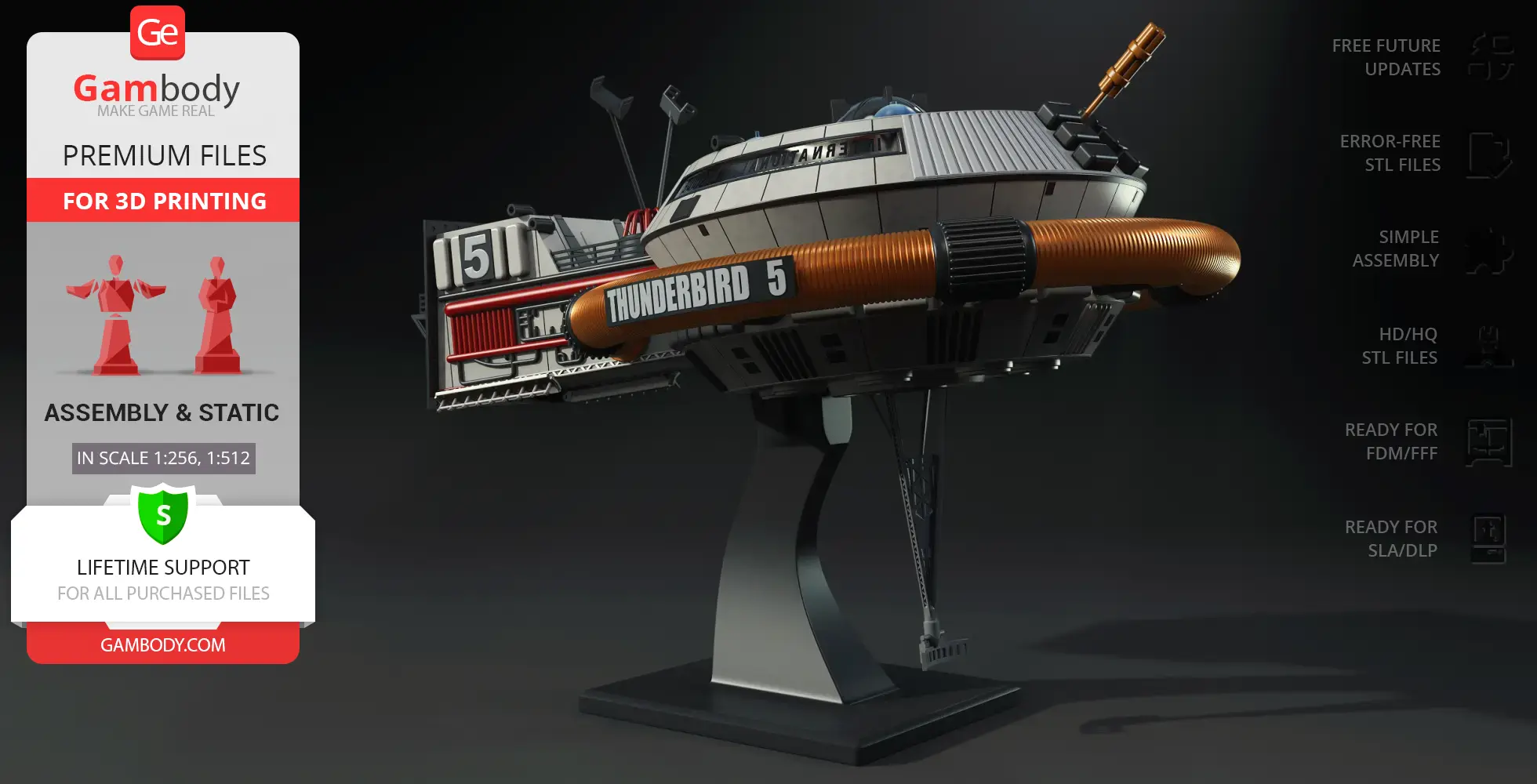 3D model of Thunderbird 5 on a stand, showcasing detailed features for printing.