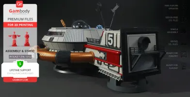 Futuristic space station model with large antennas and detailed exterior, labeled '5' for 3D printing.