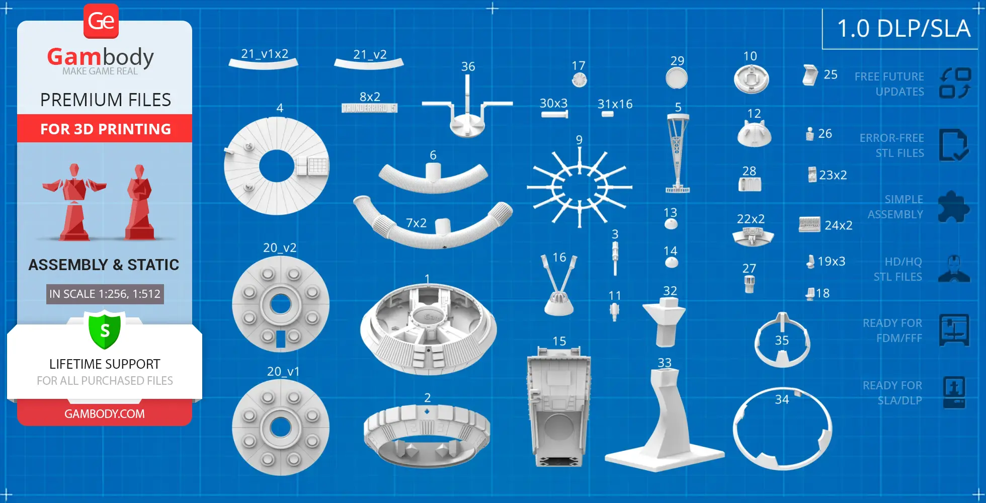 Collection of 3D model parts for Thunderbird 5 on a blueprint-style background.