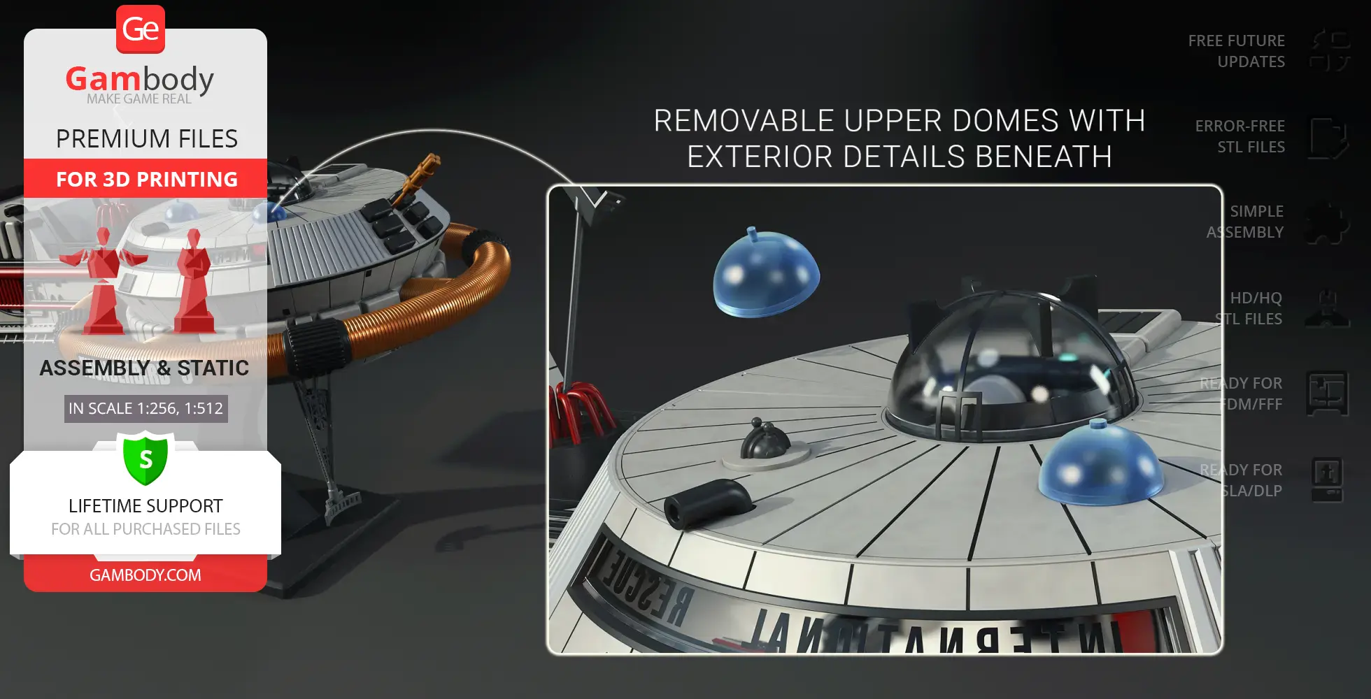 Detailed 3D model of Thunderbird 5 with removable upper domes and intricate exterior features.