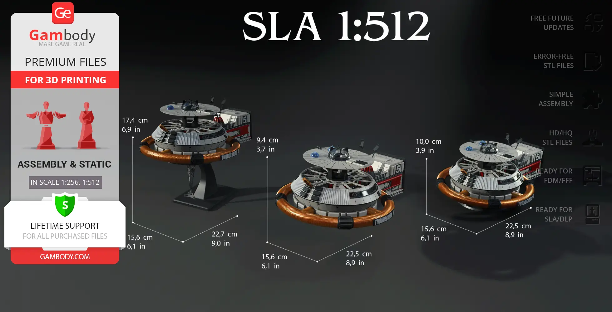 Futuristic space station model with circular orange accents and external modules, designed for 3D printing.