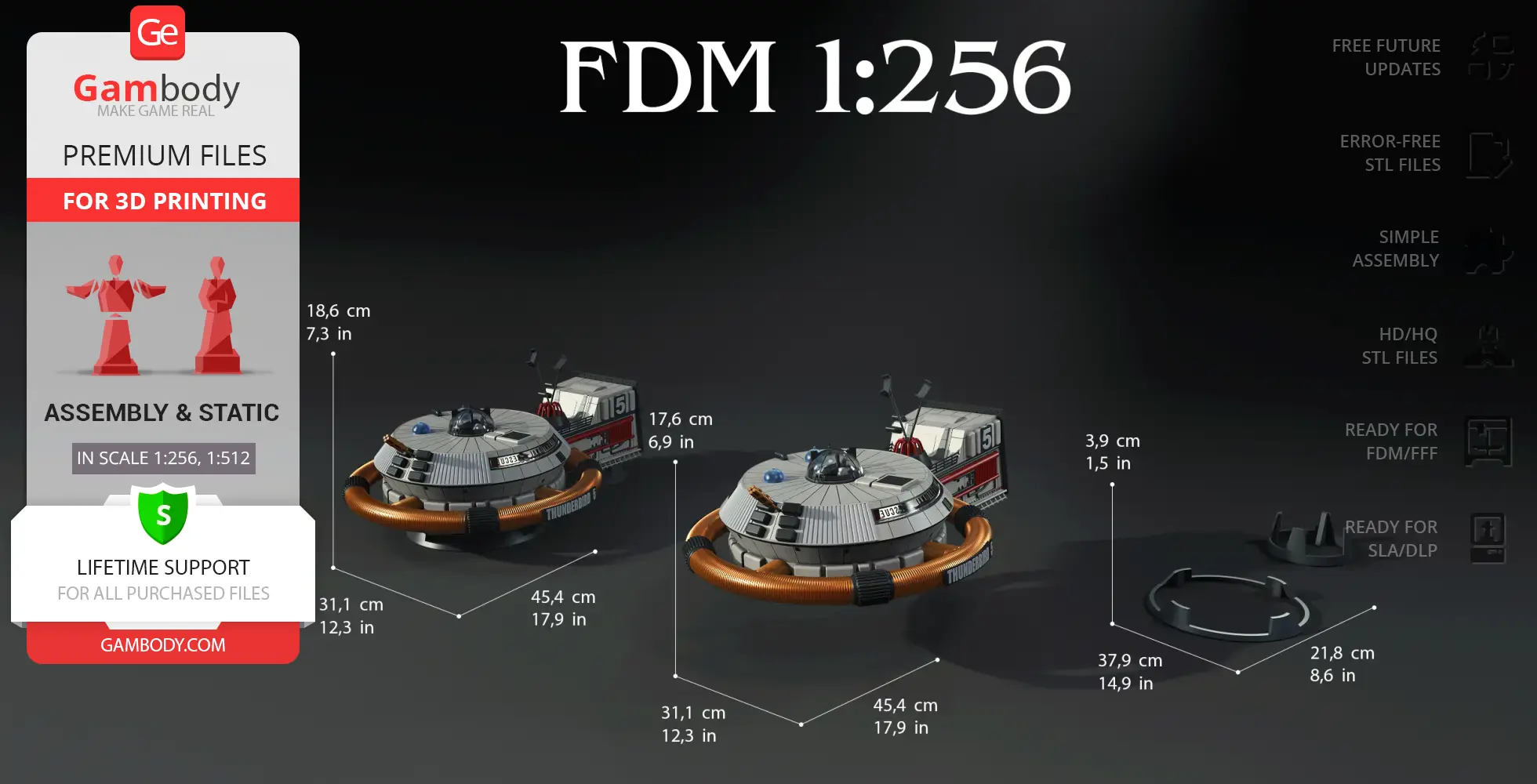 Twin circular spaceship models with detailed structures, labeled dimensions, and a display of 3D printing features.