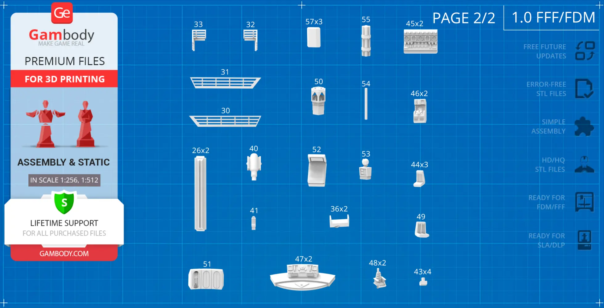 Grid layout of labeled 3D printable Thunderbird 5 model parts with assembly instructions.