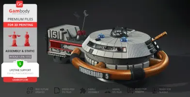 Futuristic space station model with a round design and antennae, labeled 'Thunderbird 5' for 3D printing.