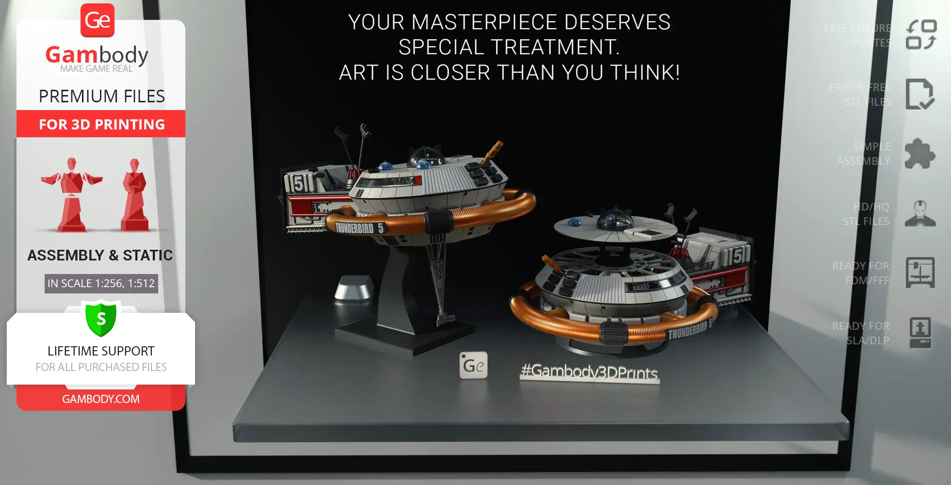 Futuristic space station model labeled 'Thunderbird 5' with detailed circular design and orange accents.