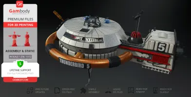 Futuristic space station model with metallic, circular structure labeled 'Thunderbird 5' and intricate details.