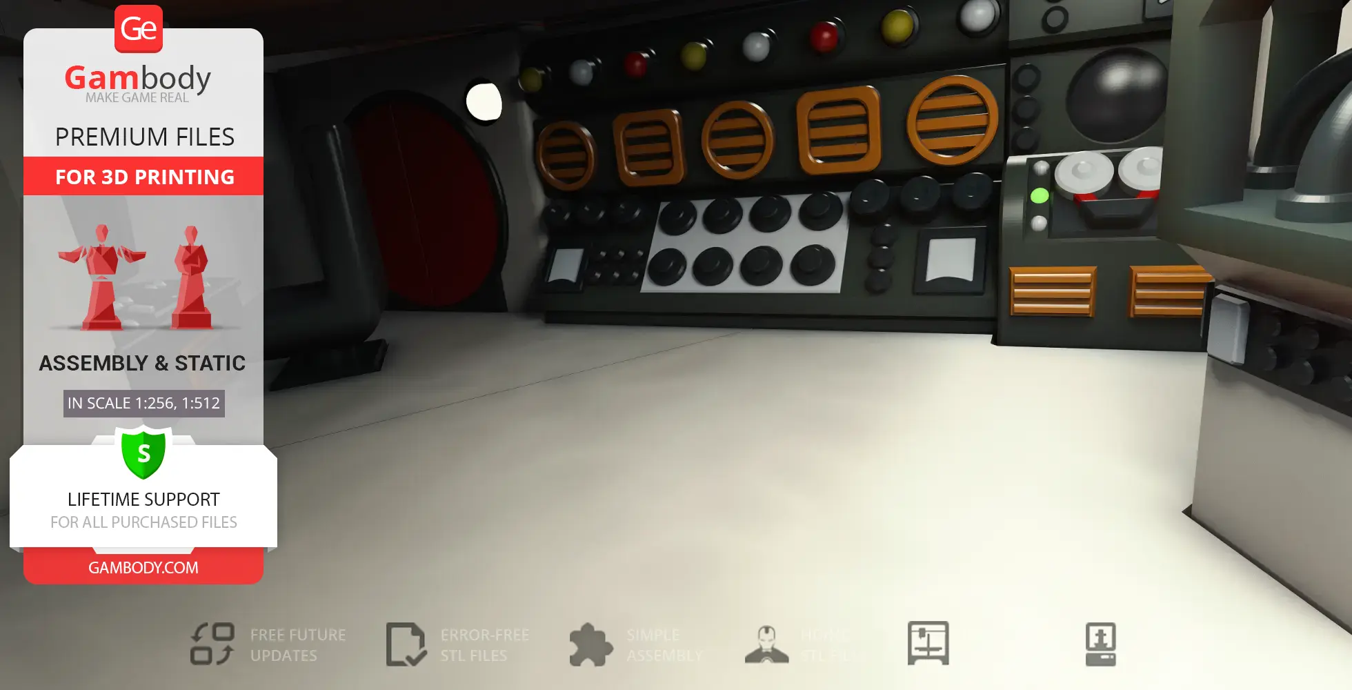 A control panel with buttons and gauges for a 3D printable model of Thunderbird 5's interior.