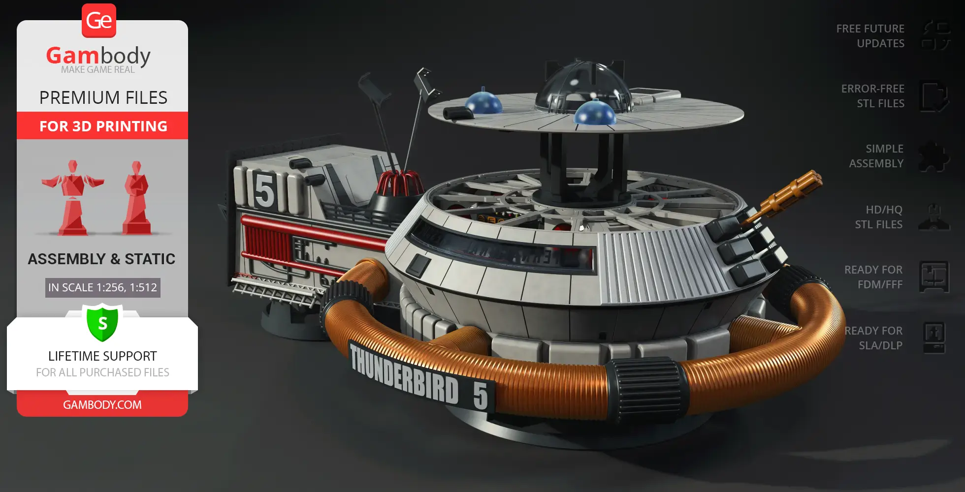 A detailed 3D model of Thunderbird 5, featuring a futuristic satellite station for 3D printing.