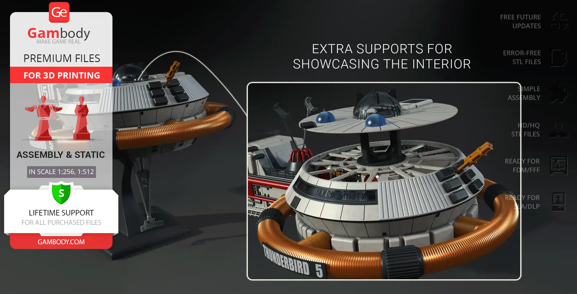 Futuristic satellite model with detailed interior, labeled 'Thunderbird 5,' designed for 3D printing.