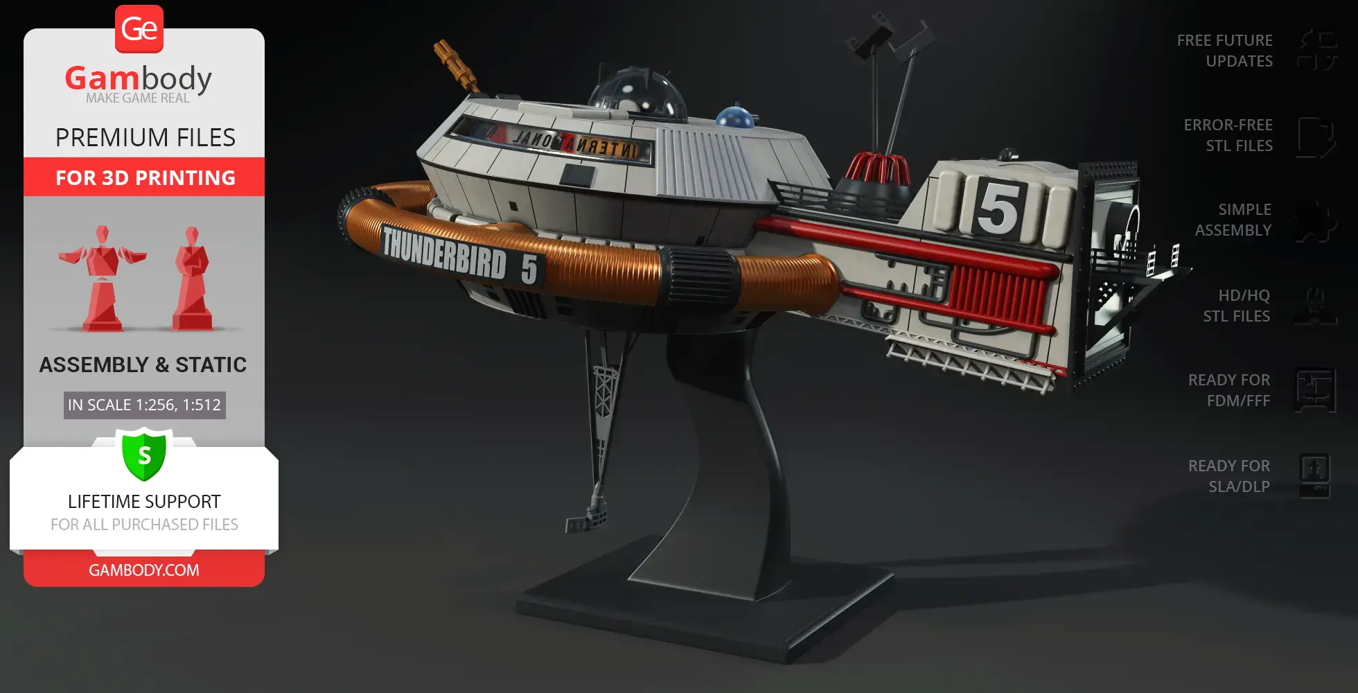 A detailed 3D model of Thunderbird 5 from Gambody, designed for 3D printing with assembly instructions.