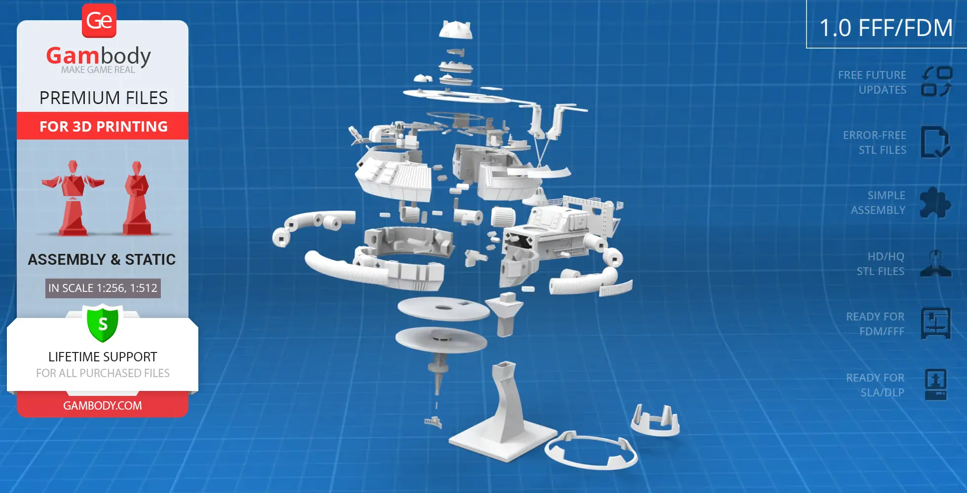 Exploded view of Thunderbird 5 3D model parts on a blue grid background, ready for 3D printing.