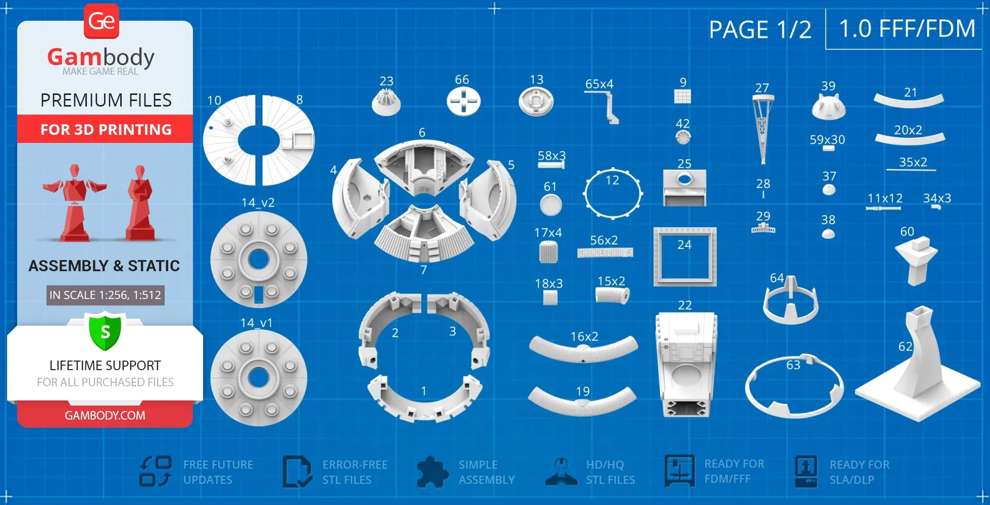 Blueprint of Thunderbird 5 model parts for 3D printing with labeled components on a blue grid background.