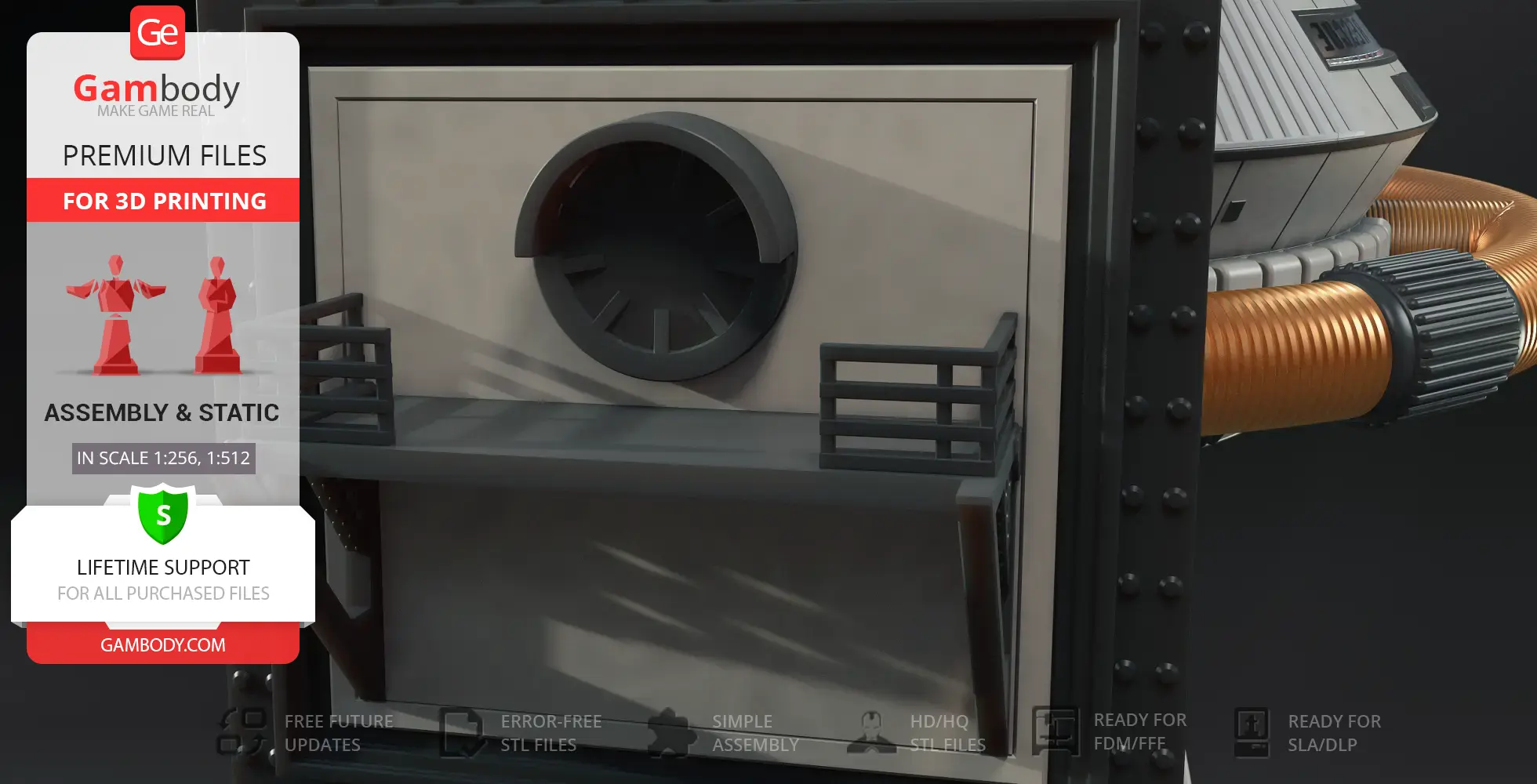 Space station room with a circular window and railing, connected to a metallic hose.