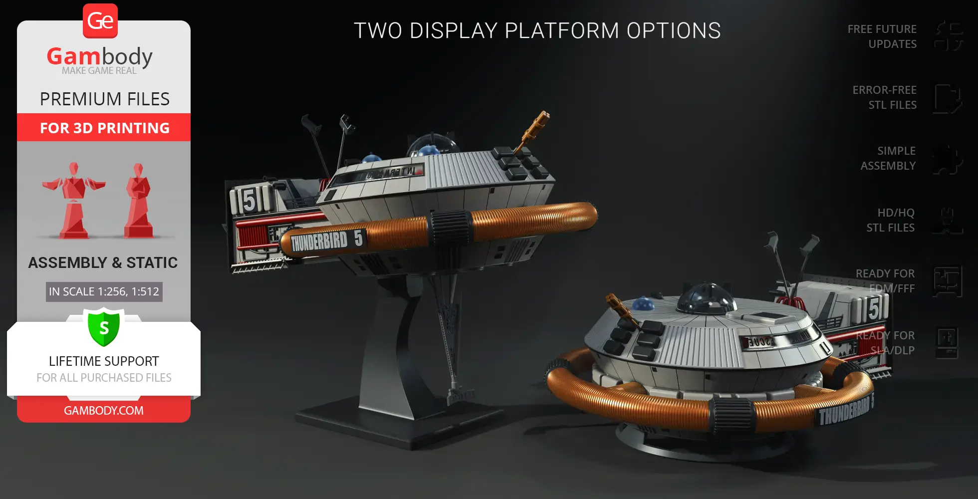 Two detailed Thunderbird 5 space station models for 3D printing, with display platforms.