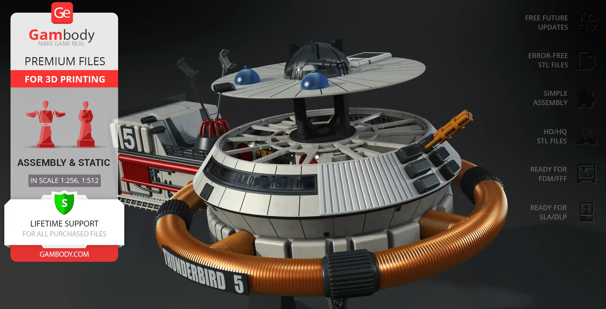 Futuristic space station model with a domed top, antennae, and labeled 'Thunderbird 5' for 3D printing.