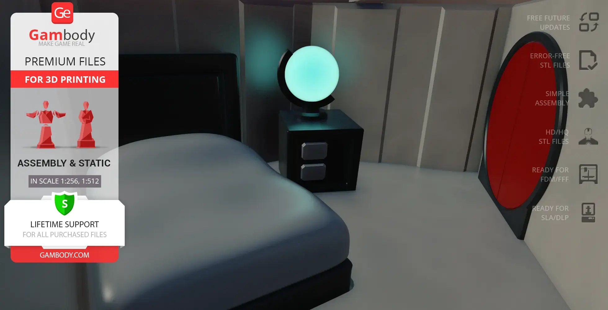 A futuristic room with a glowing orb lamp, bed, and a red circular door, for 3D printing.