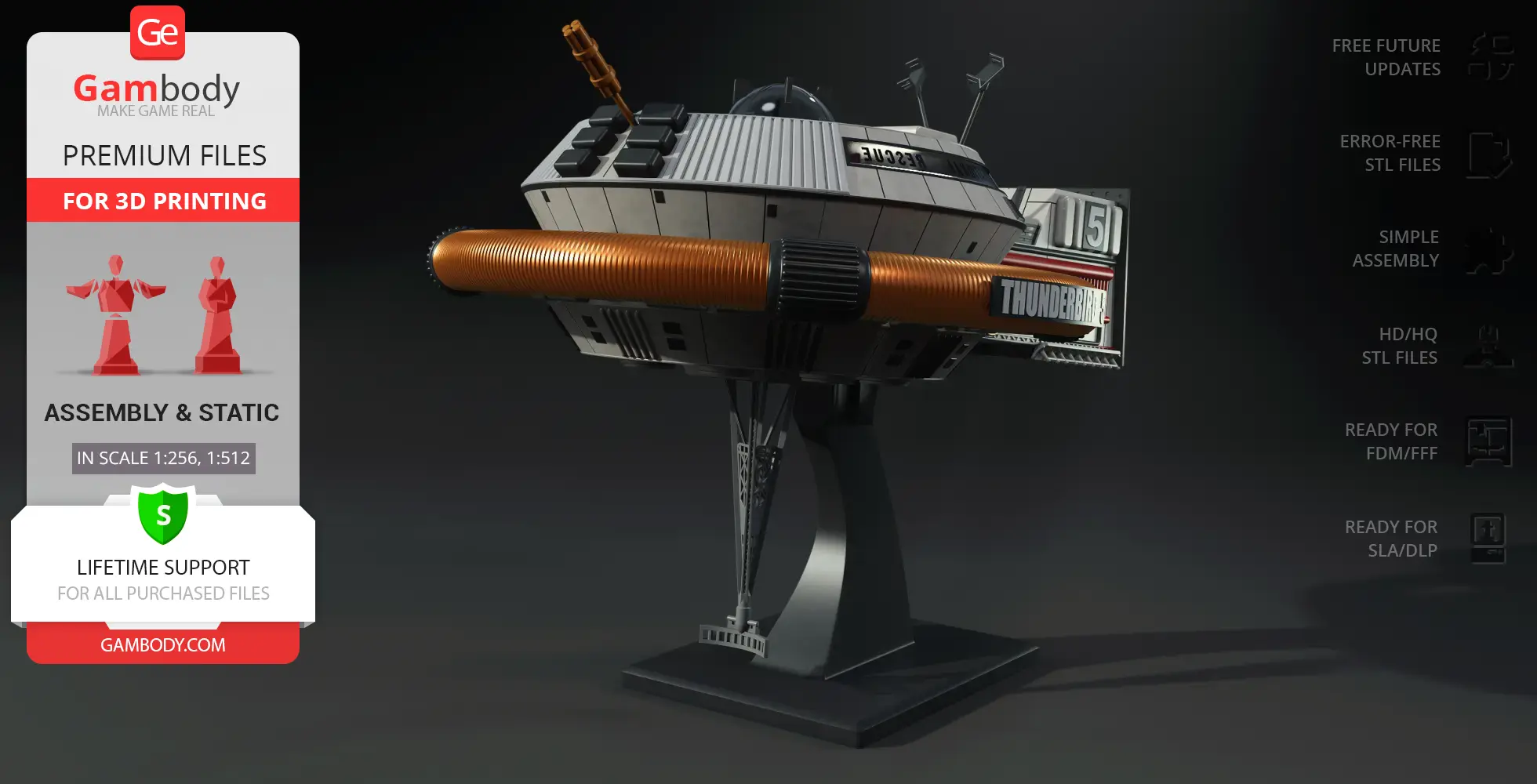 Futuristic space station model with tubular structure, displayed on a stand for 3D printing.