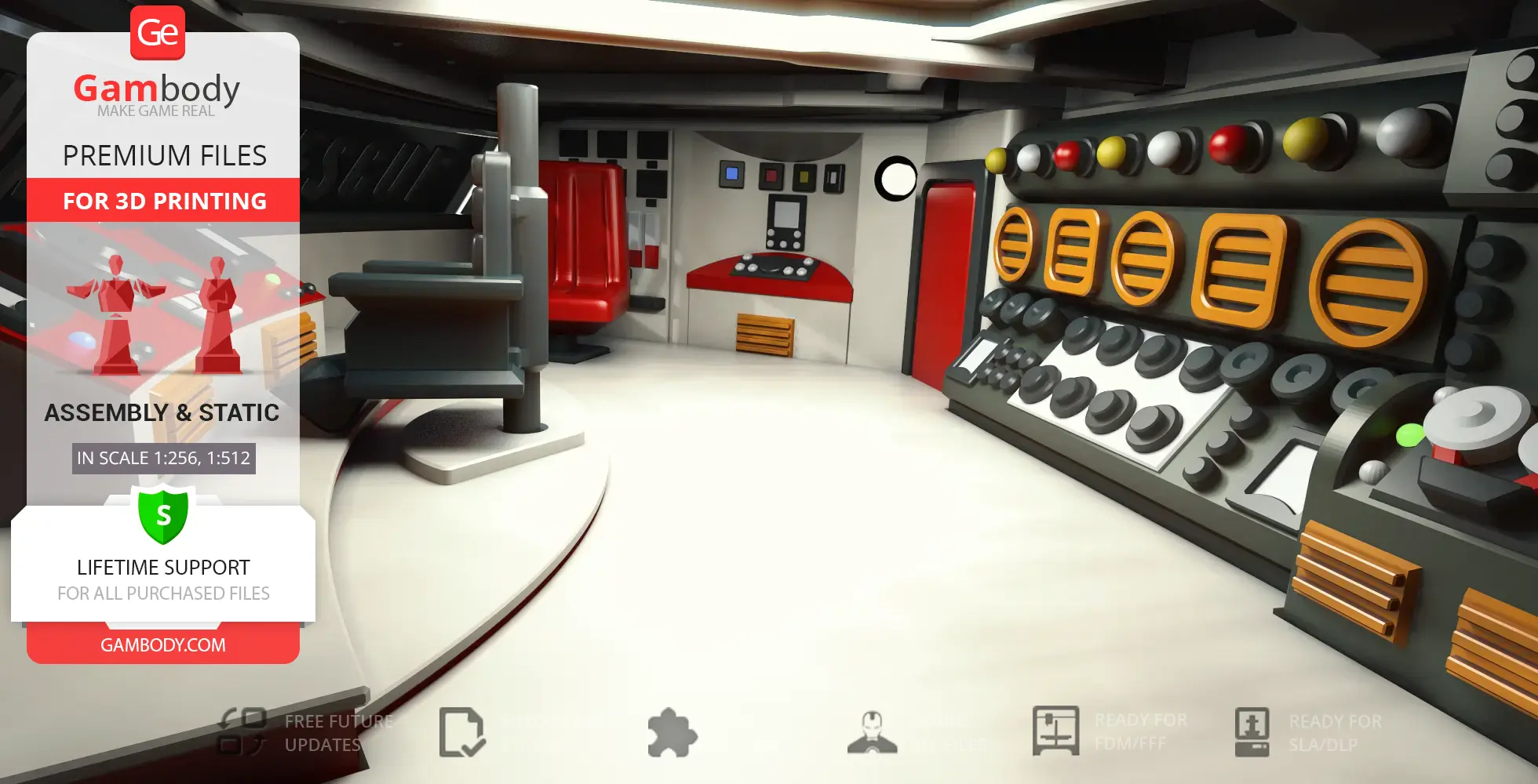 Retro spaceship control room with red and white panels, multiple buttons, and a red chair.