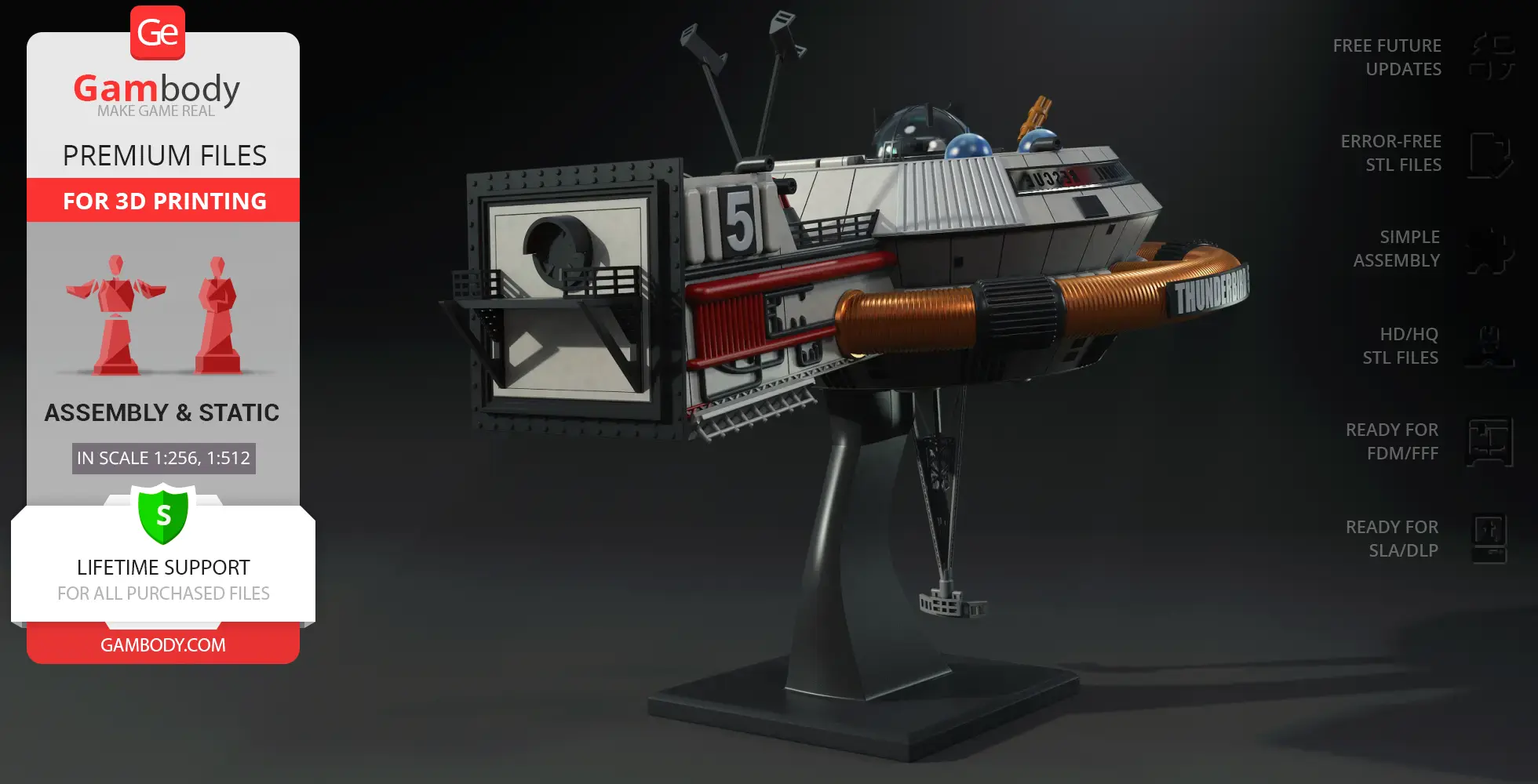 A detailed 3D model of Thunderbird 5 space station on a display stand for printing.