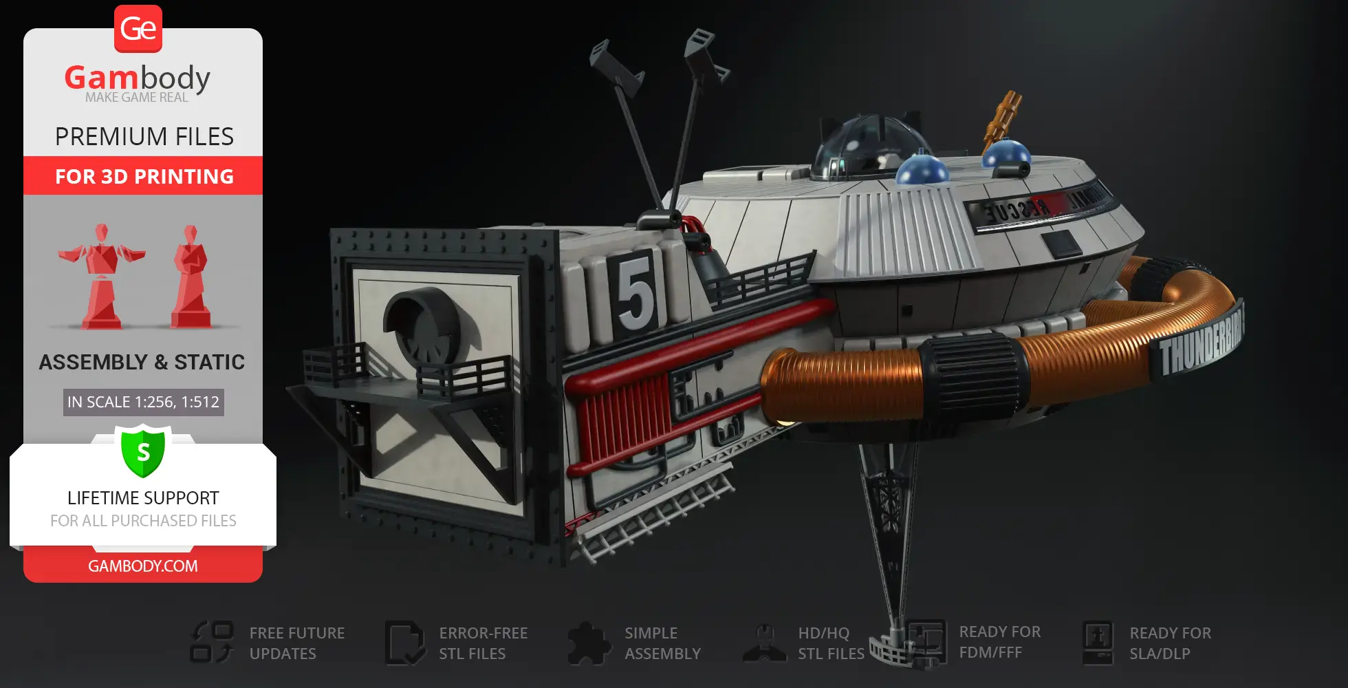 A detailed 3D model of Thunderbird 5, a futuristic space station with antennas and cylindrical structures.