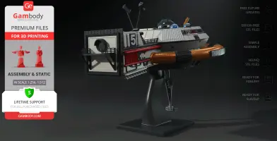 A detailed 3D model of Thunderbird 5 space station on a display stand for printing.