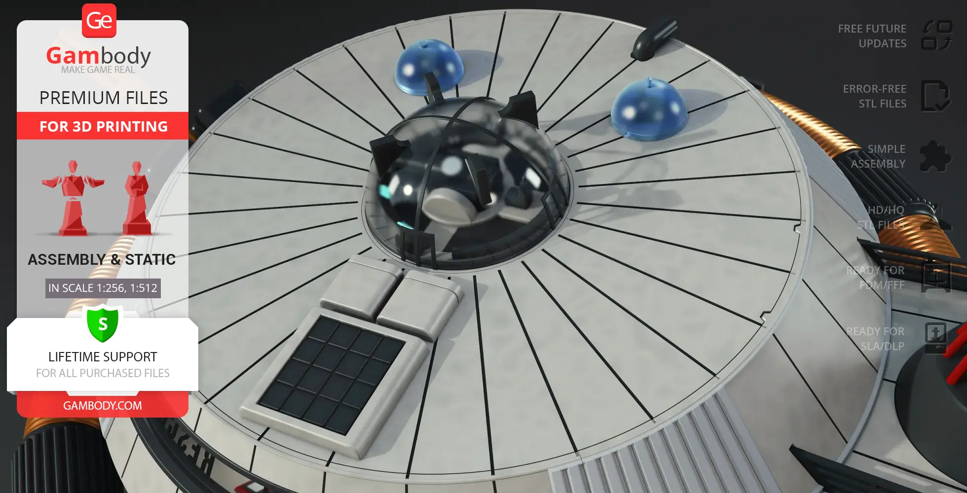 A detailed 3D model of Thunderbird 5 with a circular design and dome structures, ready for 3D printing.