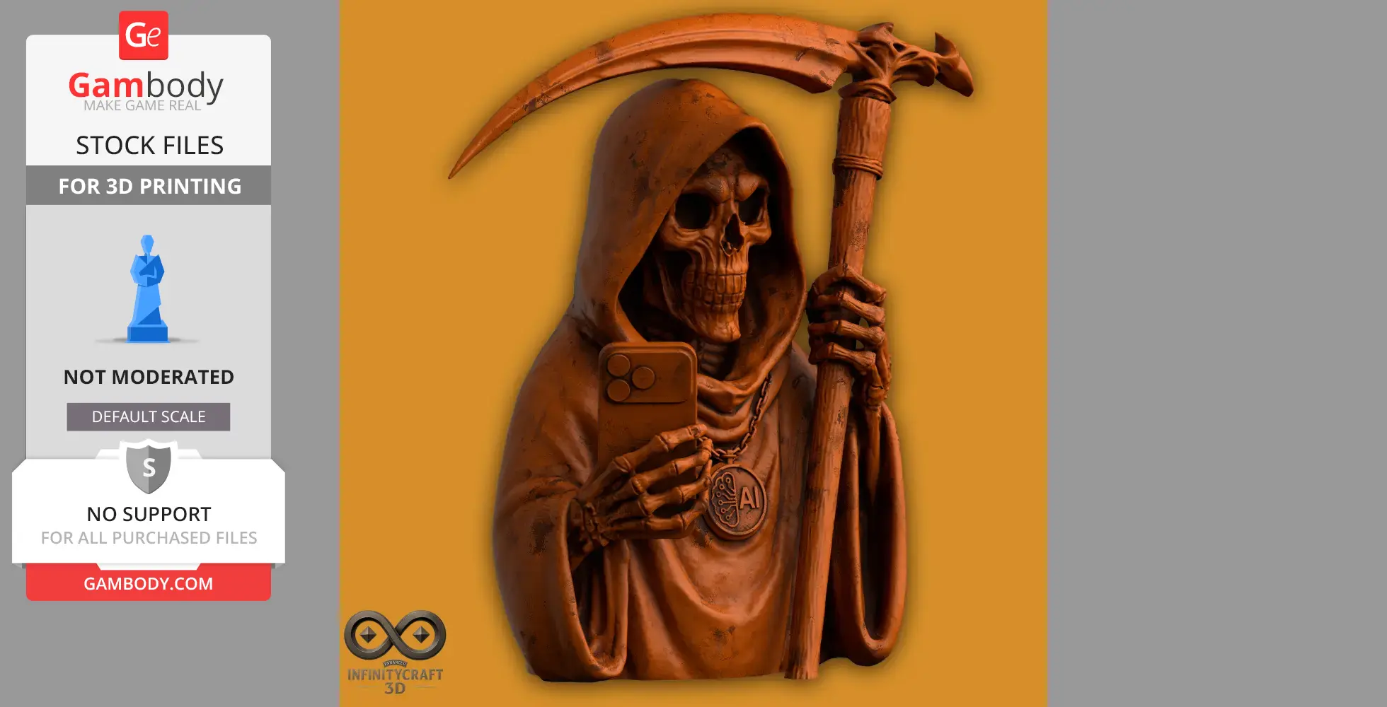 Hooded grim reaper statue holding a smartphone and scythe, wearing an AI medallion.