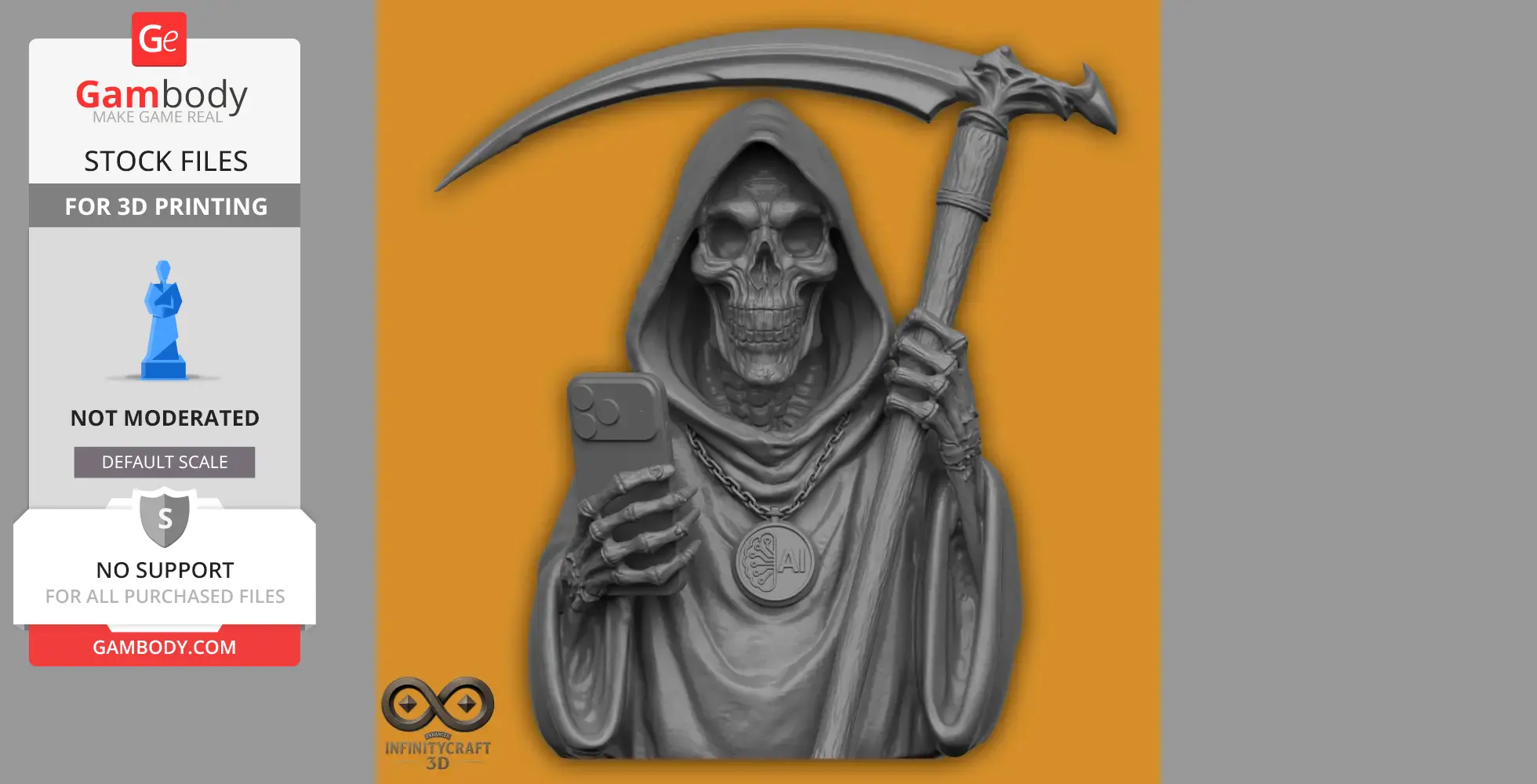 A hooded skeleton holds a scythe and smartphone, wearing an AI pendant on a chain around its neck.