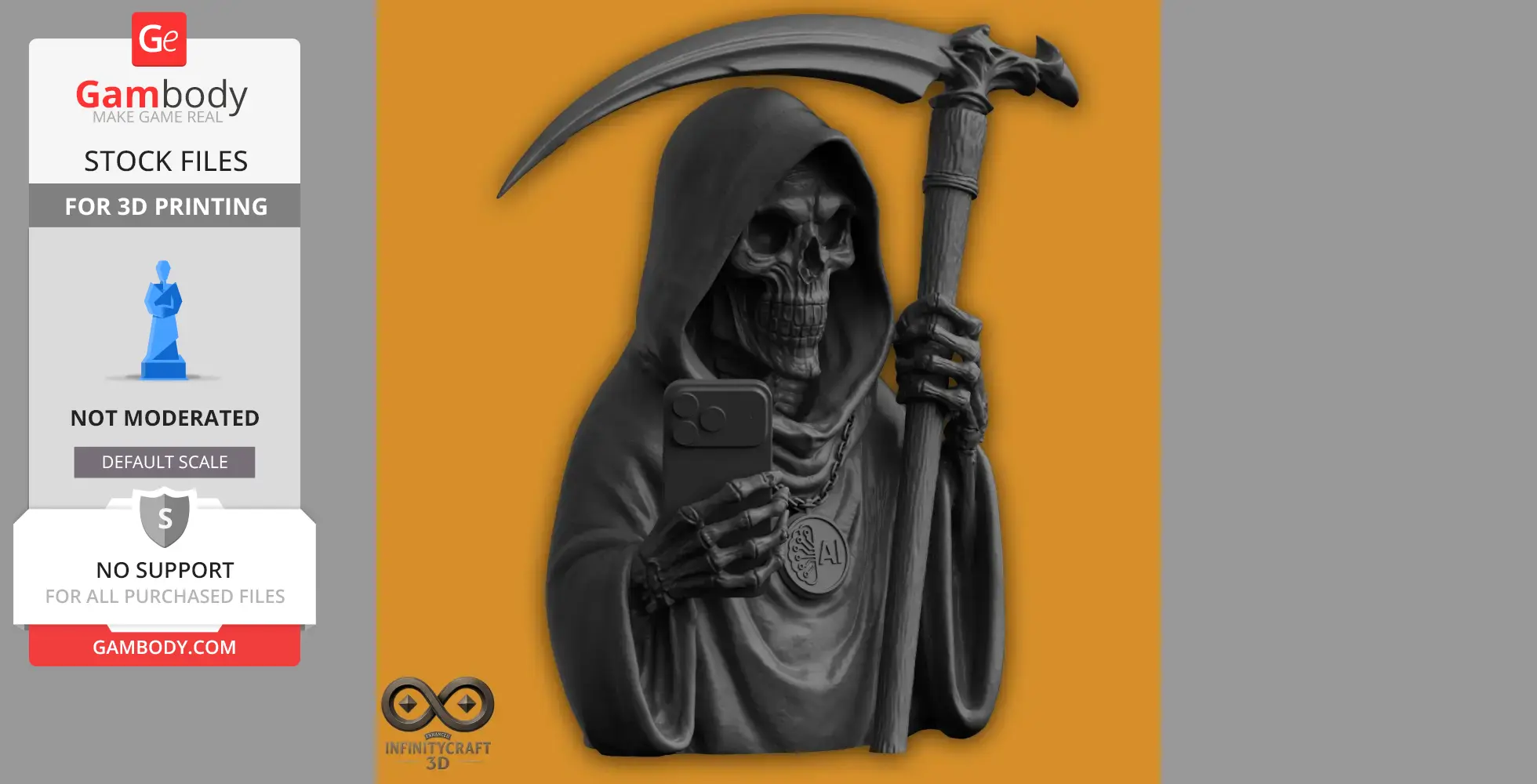 A hooded skeleton with a scythe, holding a smartphone and wearing a pendant with 'AI' on it.