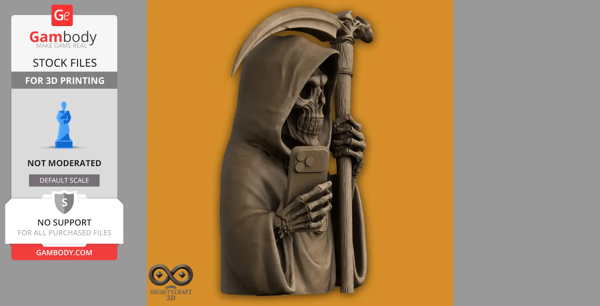 A hooded skeleton holds a scythe and a smartphone, merging traditional and digital themes.
