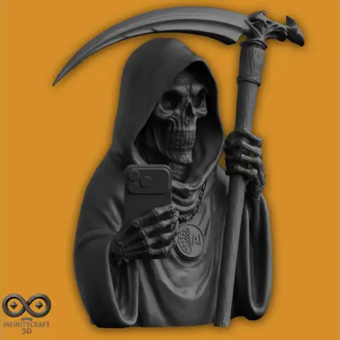 A hooded skeleton with a scythe holds a smartphone, wearing an 'AI' medallion.