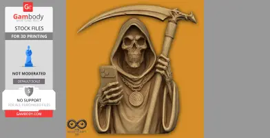 Grim Reaper statue with scythe and phone, AI necklace, hooded cloak.