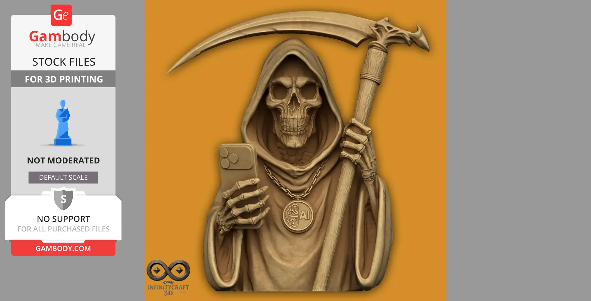 Grim Reaper figure in a hood holds a scythe and smartphone, with AI medallion on chest.