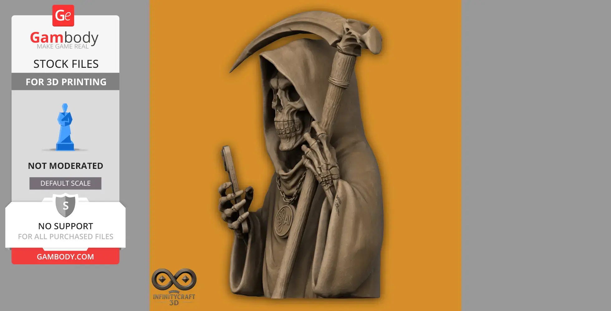 Hooded skeleton holding a scythe and smartphone, with AI pendant around neck.