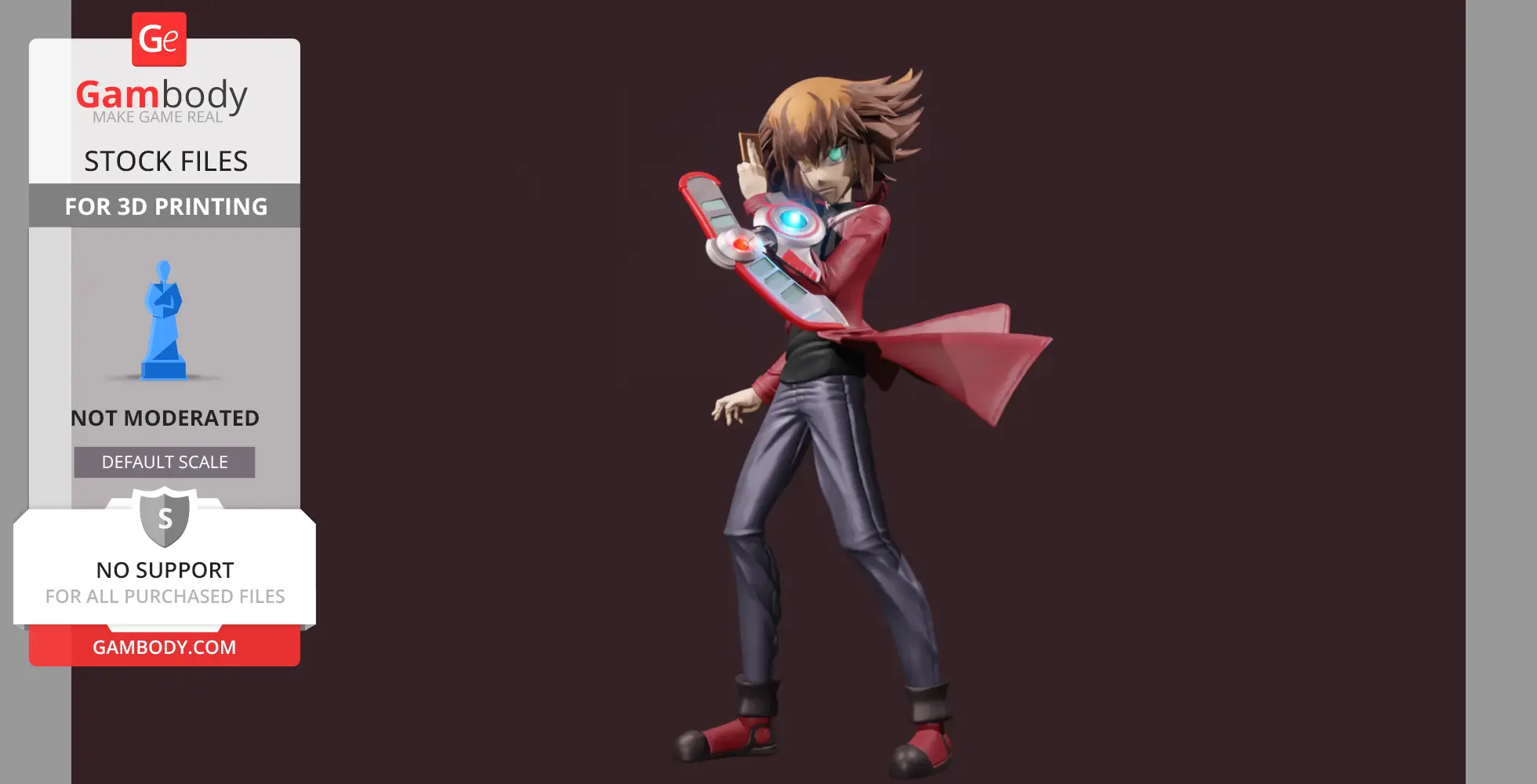 A 3D model of a dynamic character in a red coat, holding a card with a blue and red duel disk device.