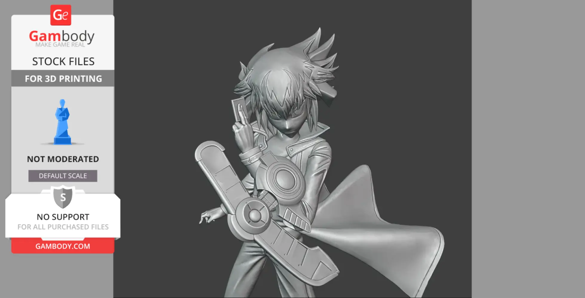3D model of an anime character in dynamic pose, holding a card ready for a duel, with spiky hair and a cloak.