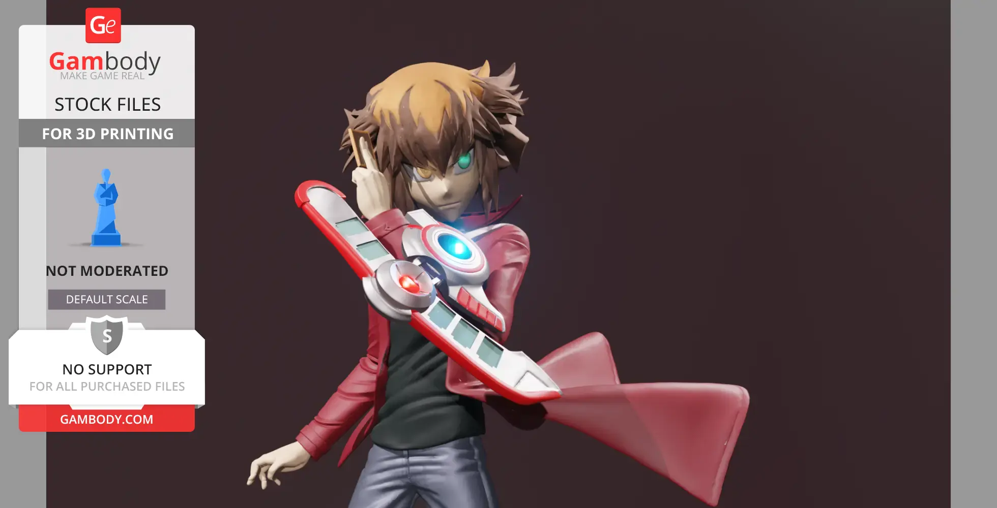 Anime character with spiky hair in a red coat, holding a card and wearing a duel disk.