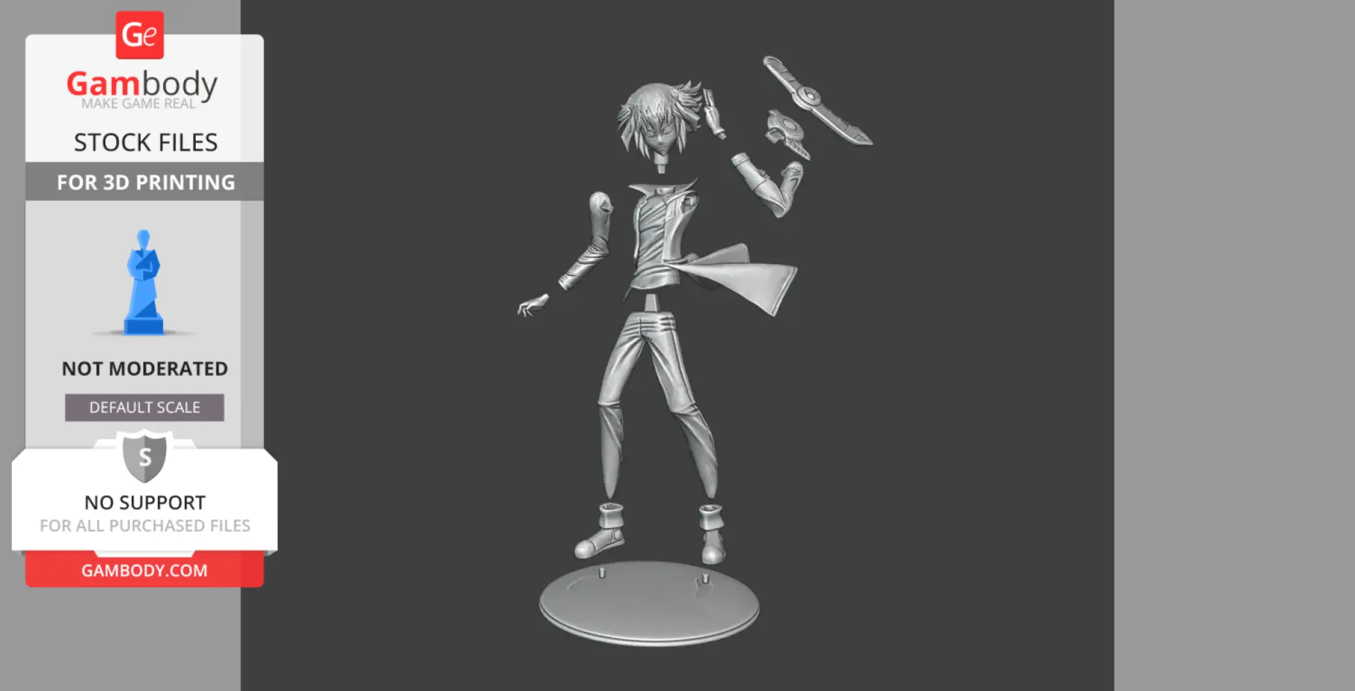 3D model of a character in dynamic pose, holding a card and duel disk, wearing a long coat and boots.