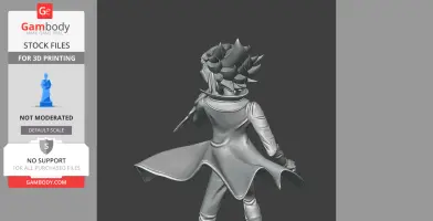 3D model of a character in a dynamic pose, with spiky hair and wearing a flowing coat.