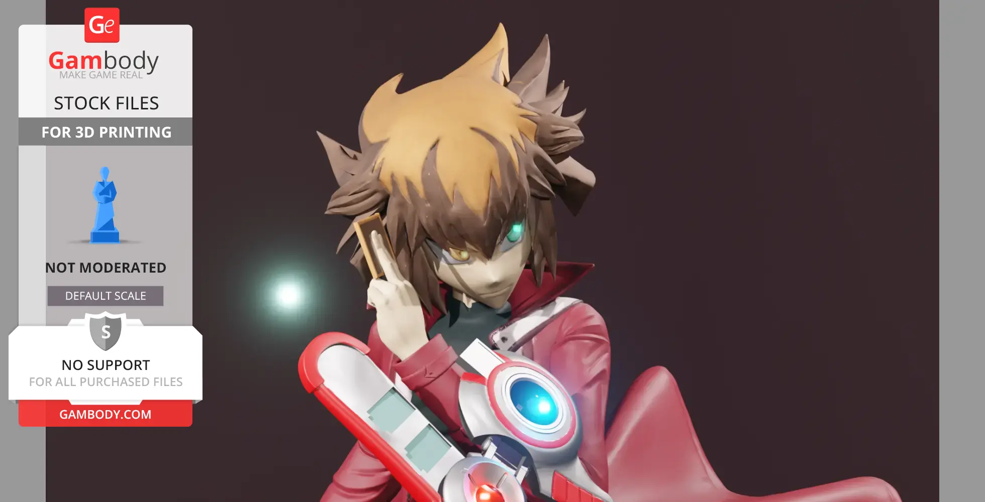 A 3D model of a character with spiky hair, glowing eyes, and vibrant outfit, holding a card and gaming device.
