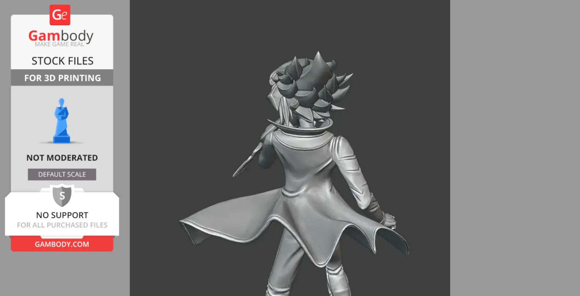 A 3D model of a character in a dynamic pose, with layered hair and a long coat flowing behind.