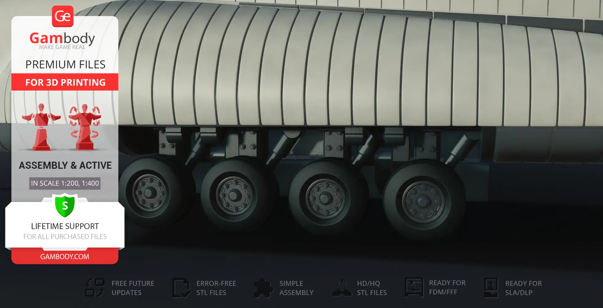 Close-up of the TAV-37 Valkyrie Shuttle model wheels for 3D printing; promotional overlay by Gambody.