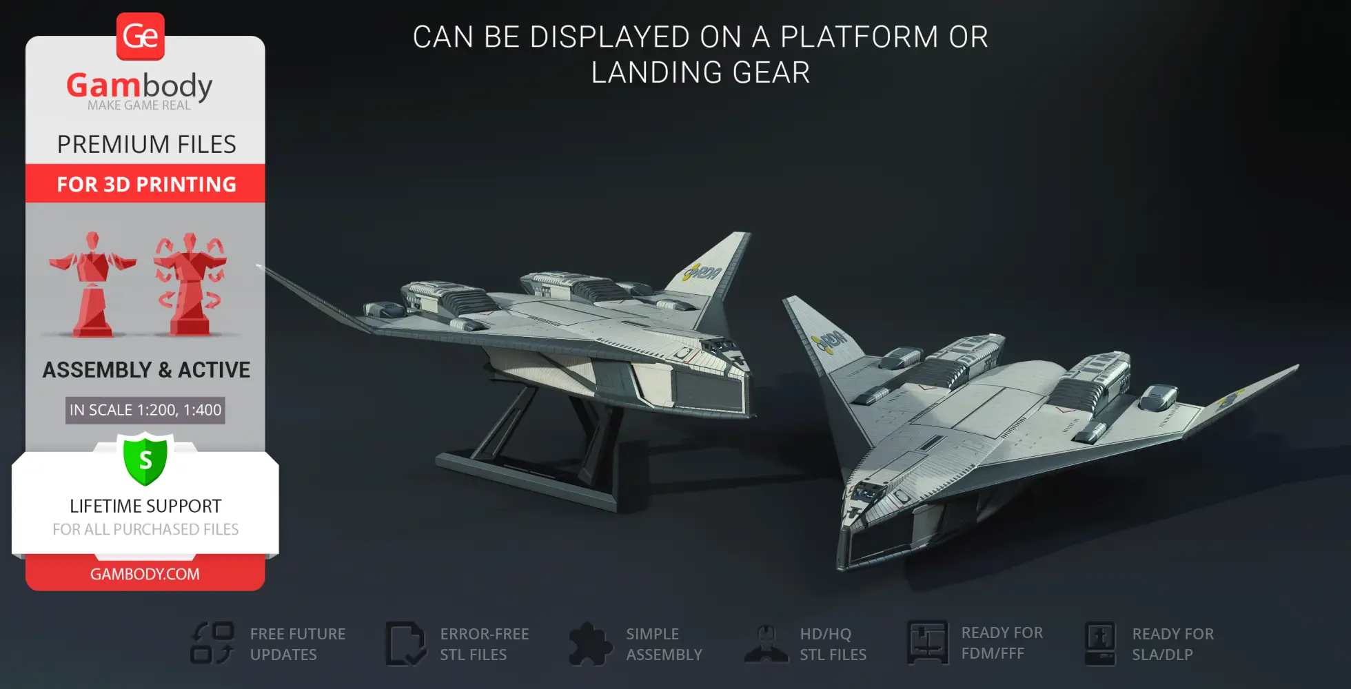 Two detailed Valkyrie Shuttle 3D models on stands, ready for 3D printing with assembly options.