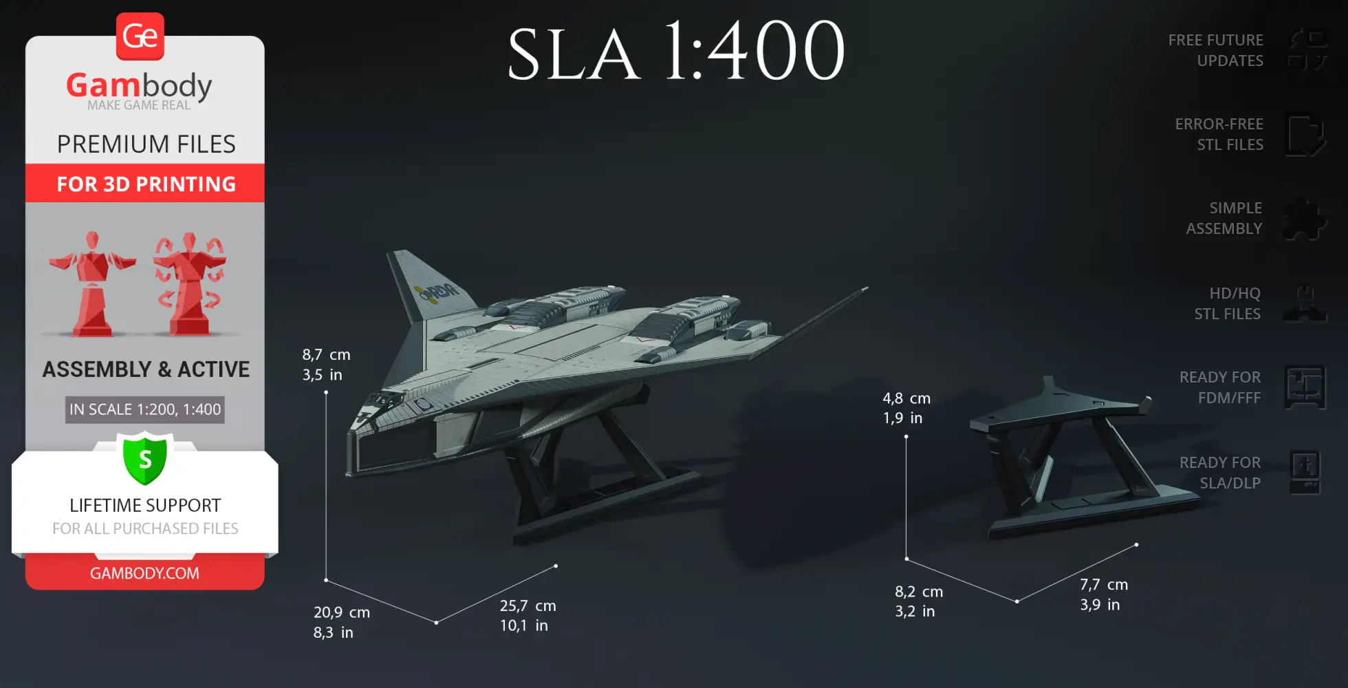 3D model of TAV-37 Valkyrie Shuttle on display stands, designed for 3D printing, shown in 1:400 scale.