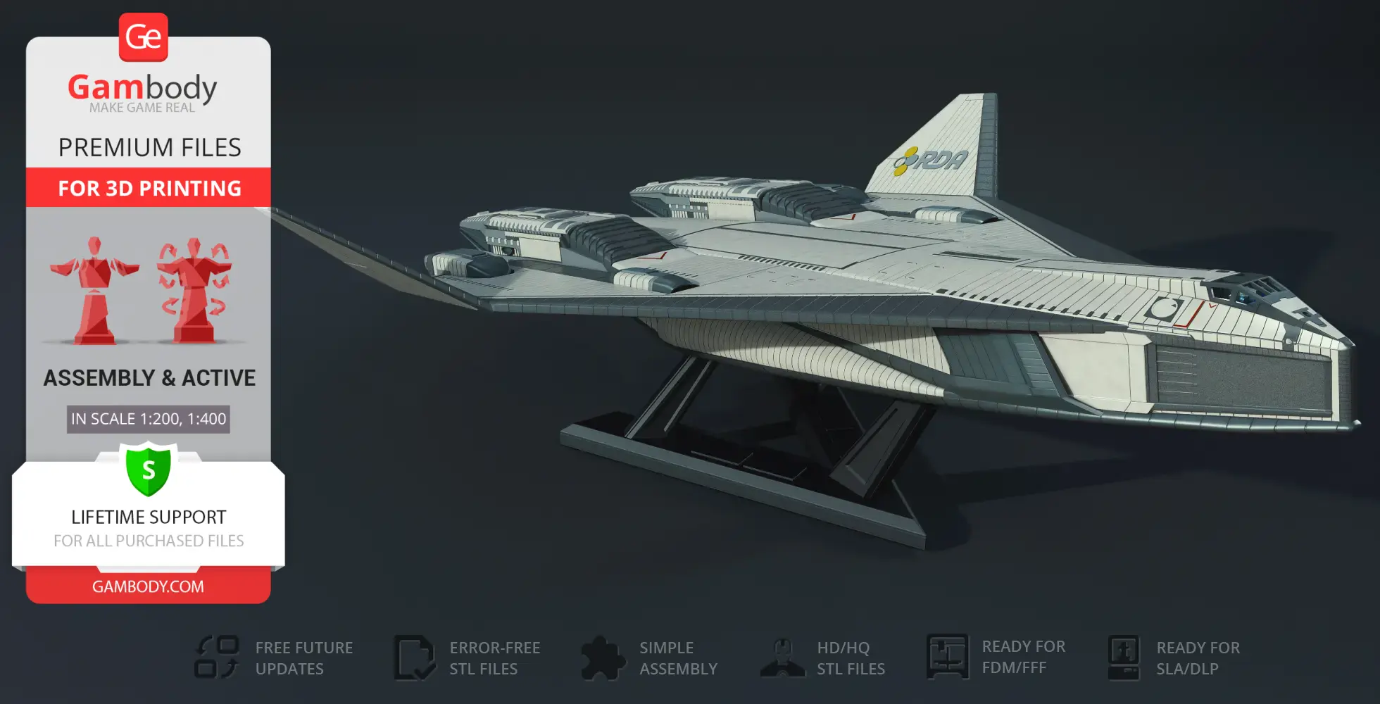 Futuristic TAV-37 Valkyrie Shuttle model displayed on a stand, designed for 3D printing.
