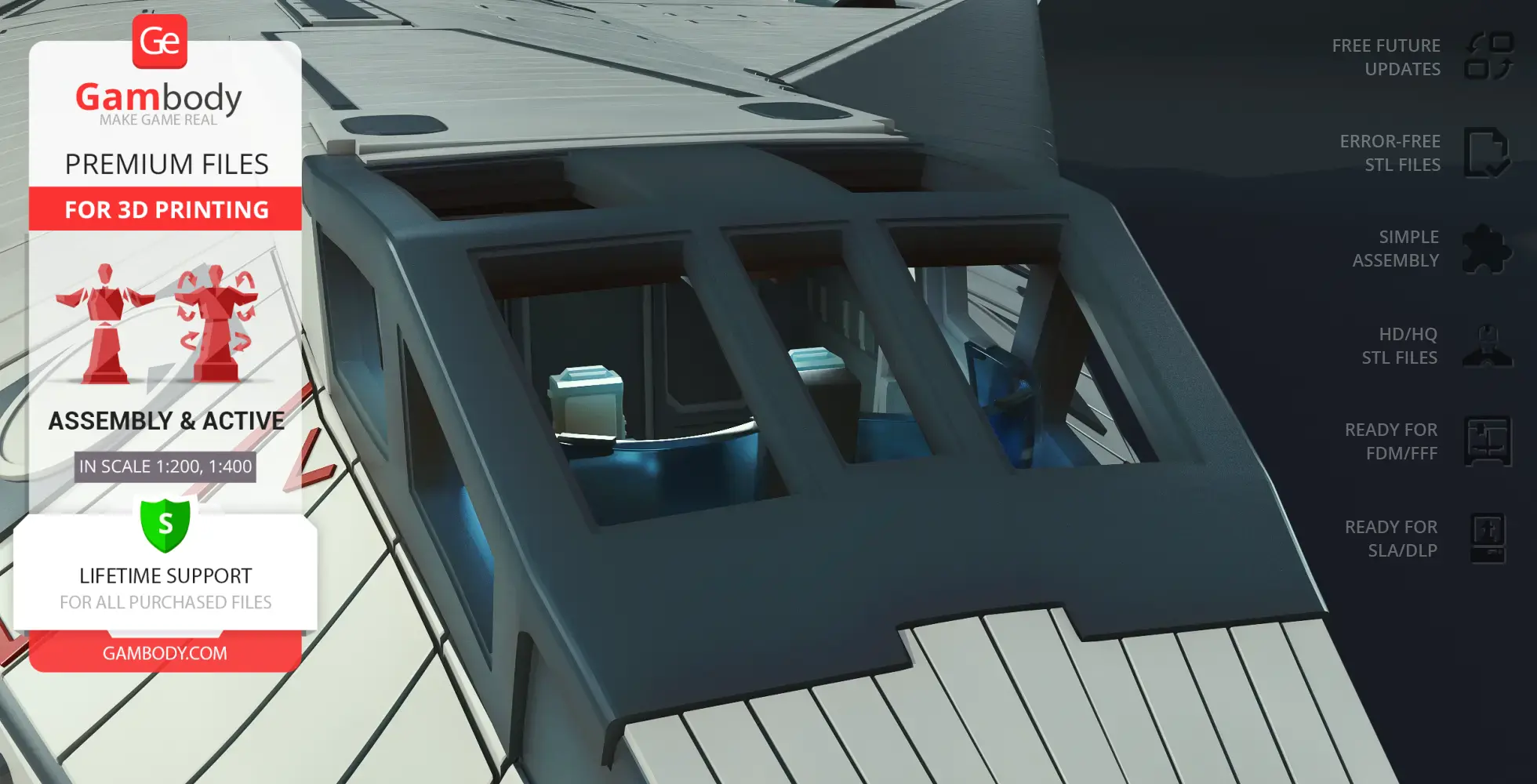 Futuristic shuttle cockpit with large windows, detailed interior, and sleek exterior paneling.