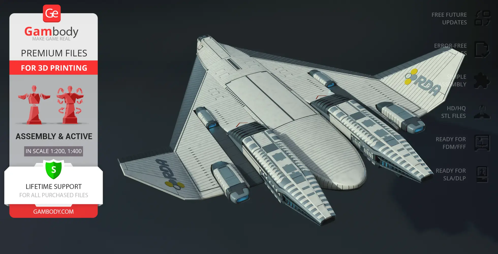 Futuristic spacecraft with a triangular design, engines, and RDA branding, optimized for 3D printing.