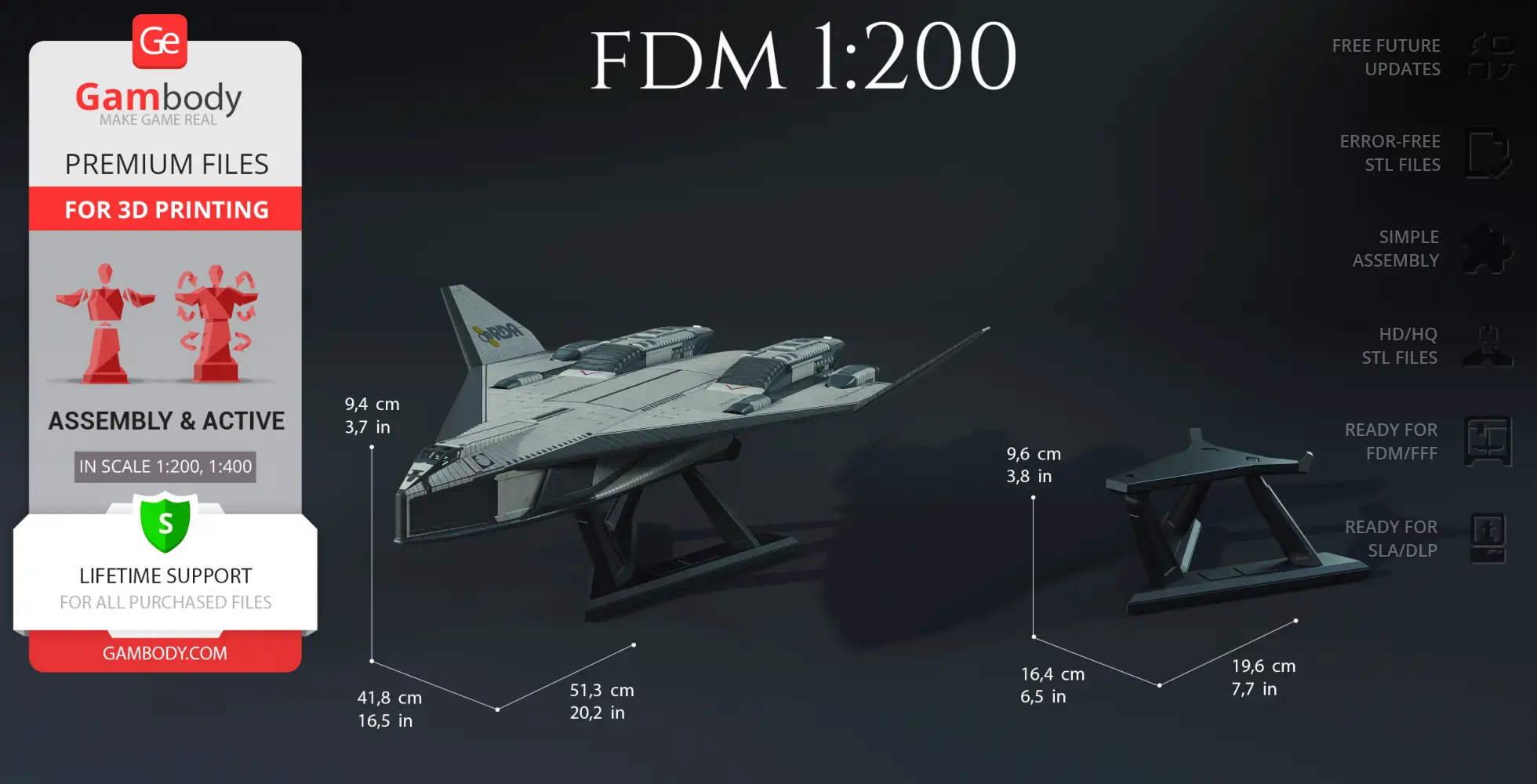 3D model of the TAV-37 Valkyrie Shuttle on a stand, with detailed dimensions shown.