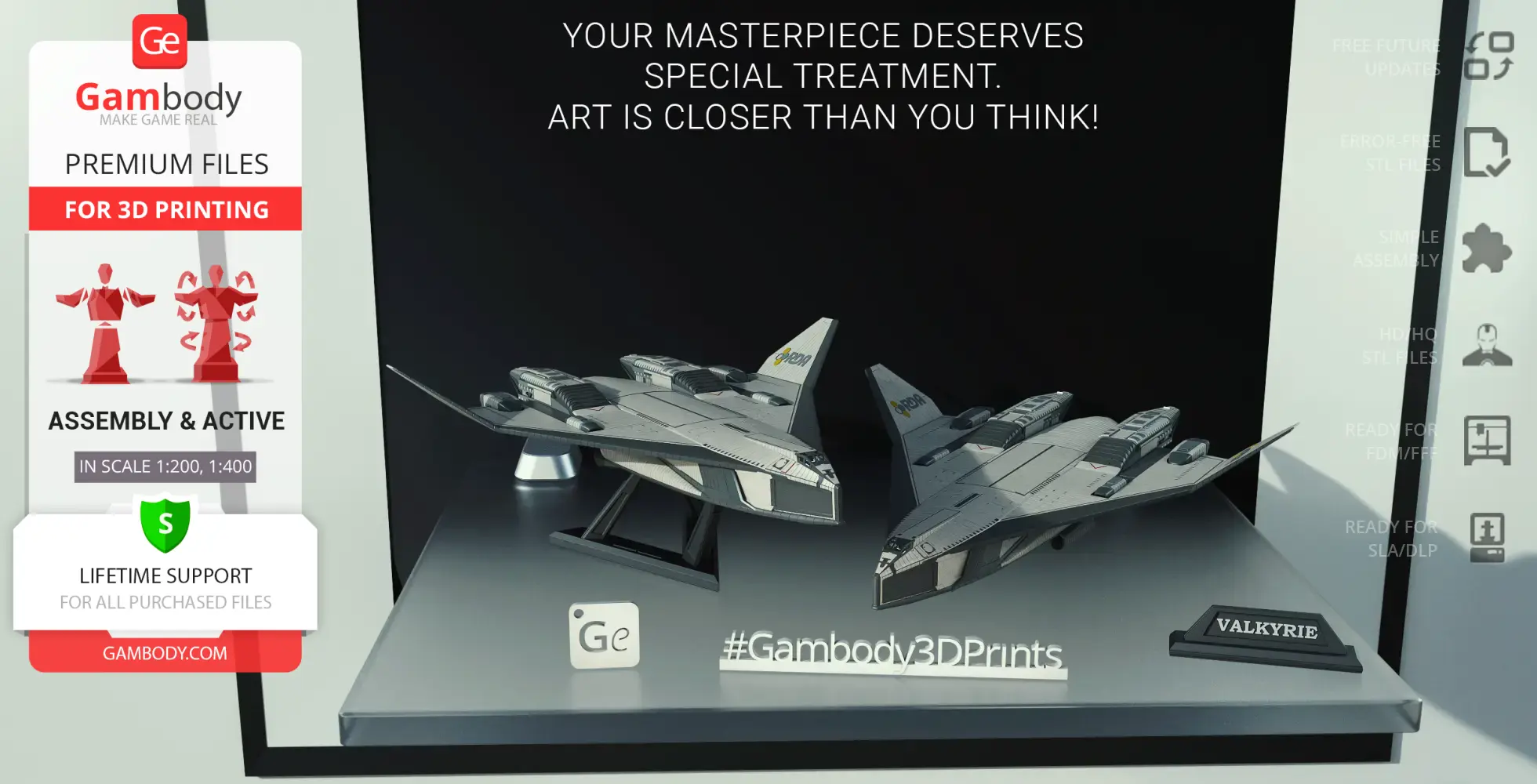 Two gray Valkyrie shuttle models on display stands, labeled for 3D printing by Gambody.